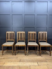 Set of 4 Antique Oak Dining Kitchen Chairs – Late Victorian Carved Seating