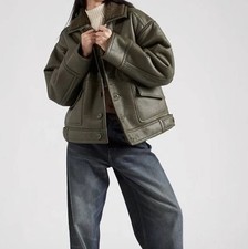 Topshop Faux Leather Shearling Oversized Jacket  With Borg Lining Khaki Size S-M