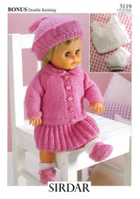 Sirdar 3119 Knitting Pattern – Doll’s Outfit Set Dress, Cardigan, Hat, Socks 