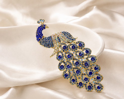 Blue peacock brooch crystal - brooch,