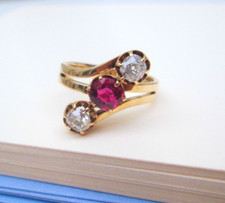 Antique 14ct Yellow Gold  3 Old Mine Cut Natural Ruby & Diamond Trilogy Ring