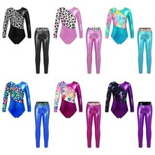 UK Girls Two-piece Set Gymnastics Yoga Dance Outfit Leotard with Shiny Leggings
