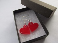 Handmade Pretty Red - Laser Cut Acrylic Love Heart Pendant Drop Earrings Boxed