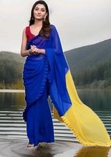 Alia Bhatt Designer Frill Saree Multi Colour Royal Blue Yellow