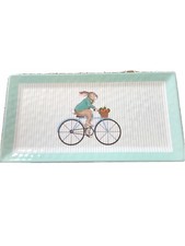 Shabby Chic Melamine Seafoam Green & White Tray with Rabbit Riding Blue Bike