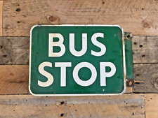 VINTAGE 50'S 60'S METAL GREEN WHITE BUS STOP SIGN TRANSPORTATION MUSEUM DISPLAY
