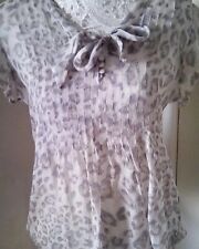 Pure Sheer Silk Silver Animal Print Short Sleeve Blouse sz12.
