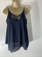 Women River Island Uk 8 Black Sleeveless V Neck Lace Insert Camisole Sheer Shirt