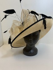 Occasion Wedding Hat Black Cream Feather Trim Wide Brim Unbranded 