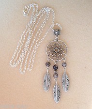 Dreamcatcher Dragons Vein Agate Feather Charm Pendant 32" Long Chain Necklace