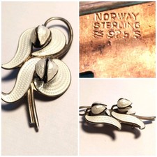 Mid Century AKSEL HOLMSEN 925 Brooch White Guilloche Enamel Lily of the Valley