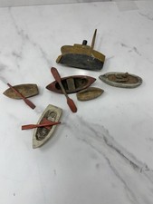 Lot Of Antique Hand Carved And Painted Toy Small Wooden Boats And Oars 