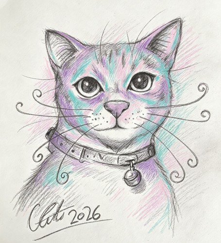Cartoon drawing cat print - drawing,