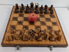 Vintage Hand Made Carved Wood Chess Set With Foldable Chessboard