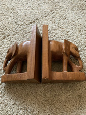 Vintage Hand Carved Wooden Elephant Bookends Shelf Home Decor Library 8” x 5” GC