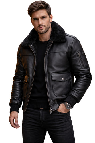 Men black leather bomber - leather,