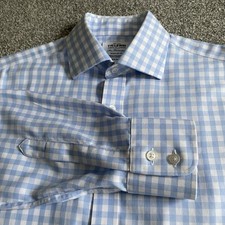 TM Lewin Shirt Mens 15.5 Regular Blue Check Non-Iron Button Cuffs 33” Sleeves