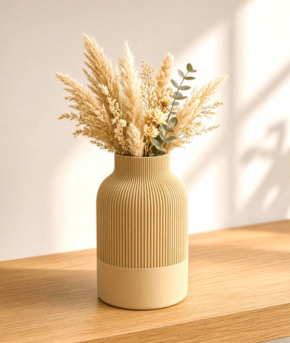 Beige ribbed decorative vase - ribbed,