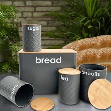 5pc-Kitchen Set Bread Bin Tea Coffee Sugar Tins Biscuit Barrel Sealed Containers