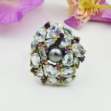 Gemstone Blue Topaz 925 Sterling Silver Amethyst Black Pearl Ring Bridal Jewelry