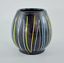 VINTAGE MID CENTURY STUDIO POTTERY BLACK with COLOURED STRIPES POSY VASE 8cm