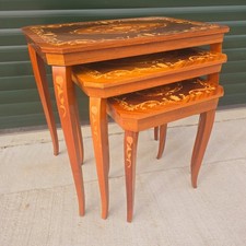 Nest of 3 Italian Marquetry Tables, Smallest Table is Musical Sewing Box Vintage
