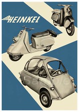 VINTAGE HEINKEL TOURIST SCOOTER AND BUBBLE CAR ADVERTISING A3 POSTER PRINT