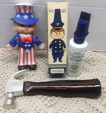 VTG Avon Hair Trainer Whistle NOS,9” Empty Glass Hammer Bottle&UncleSam Toy 1978