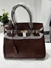 Brown Ostrich Effect Leather Handbag – Structured Tote with Gold Hardware
