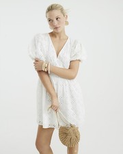 River Island Womens Mini Dress White Premium Broderie V-Neck Short Puff Sleeve