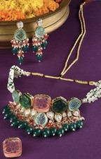Indian Women Choker Set Gold Plated With Earrings And Ring