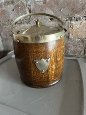 Vintage Wooden Biscuit Barrel/ Ice Bucket with Brass Handle & Lid- Ceramic Inner