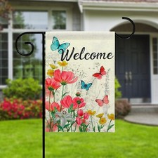 Welcome Spring Summer Butterfly Flower Garden Flag Outdoor Yard Banner-47x32cm