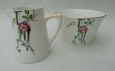 Heathcote Milk Jug Creamer & Sugar Bowl Pretty Floral China Art Deco Vintage
