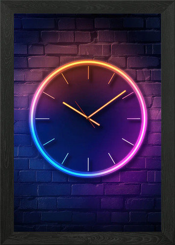 Neon clock brick wall - clock, on