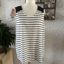 Bonmarche Vest Top Size 24 White Black Stripe Crochet Sleeveless Summer Holiday