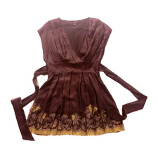 Ted Baker 100% Silk Tunic Dress Women's Size 4 V Neck Tie Wrap Brown Ocra Spots