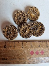 5 Gilded Pressed Black Glass Buttons  c 18mm