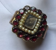 Antique 9ct Gold Garnet Pearl Hair Memorial Scarf Cravat Clip Brooch Stock Pin