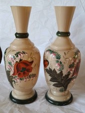 Pair Of Antique Victorian Hand Painted Enamel Caramel Opaline Glass Vases