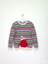 Boden Jumper Small Striped Fair Isle Red Robin Knit Sweater Christmas Wool Blend