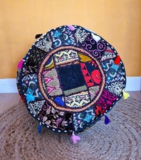 Indian Handmade Round Ethnic Embroidery Vintage Patchwork Footstool Pouffe Cover