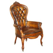 RESTORED HAND DYED BROWN LEATHER VICTORIAN CHESTERFIELD READING LIBRARY ARMCHAIR