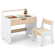 Wooden Toddler Activity Desk and Chair Set w/2 in 1 Detachable Tabletop-White