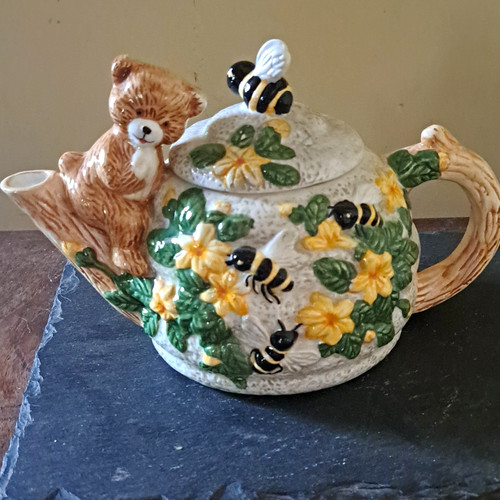 Ceramic bee floral teapot - ceramic,