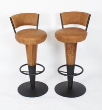 Antique Pair Walnut  and Tan Leather Art Deco Bar Stools 20th Century