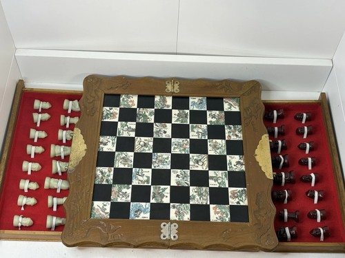 Vtg carved chinese chess set - chess,