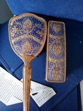 Antique  Gold Blue Embroidered Hand Mirror Hair Brush Set Vanity Grooming