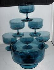 6 FINE GLASS PEACOCK BLUE STEMMED GLASSES COCKTAIL SUNDAE DESSERT FRUIT DISHES