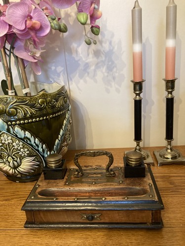 Antique wooden ink well desk - ink,